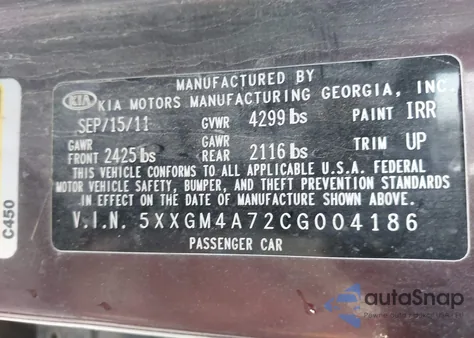 2012 Kia Optima Lx from USA, damaged, VIN 5XXGM4A72CG004186